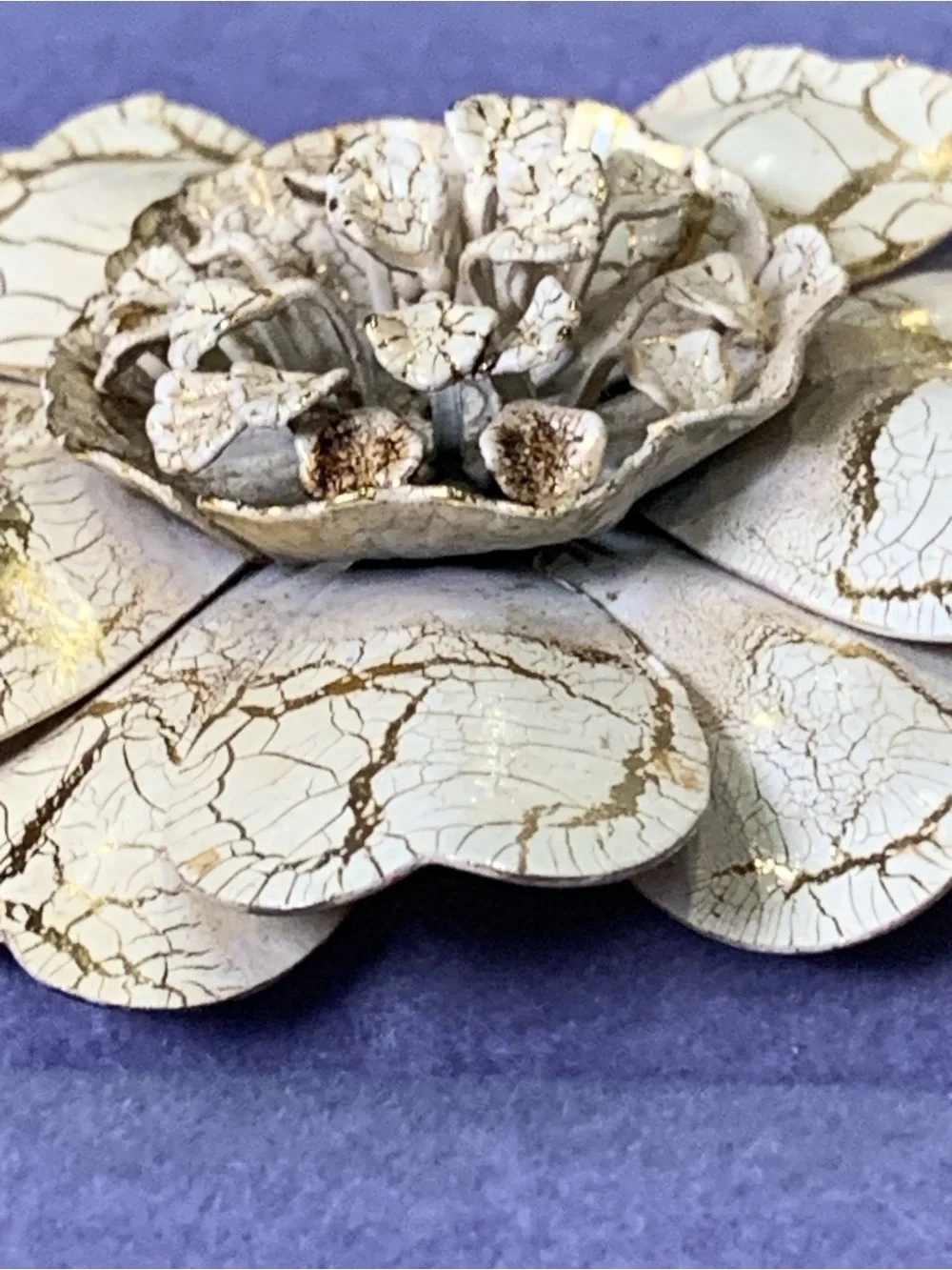 Vintage Layered Crackle Enamel Flower Brooch, Cream and Gold
